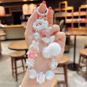 Labubu Cute White and Pink Charm cell phone wristlet